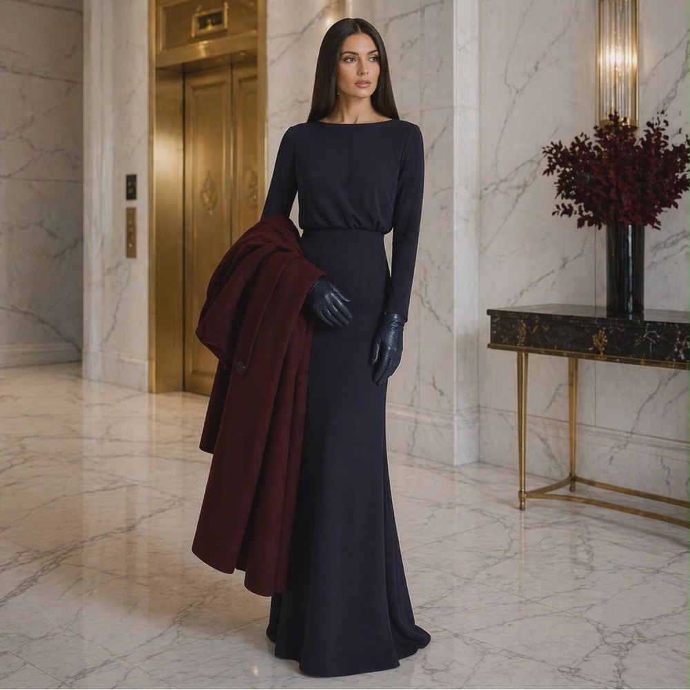 NWT Size 10. 10 Badgley Mischka Navy Minimalistic V-Back Column Gown - Picture 4 of 12